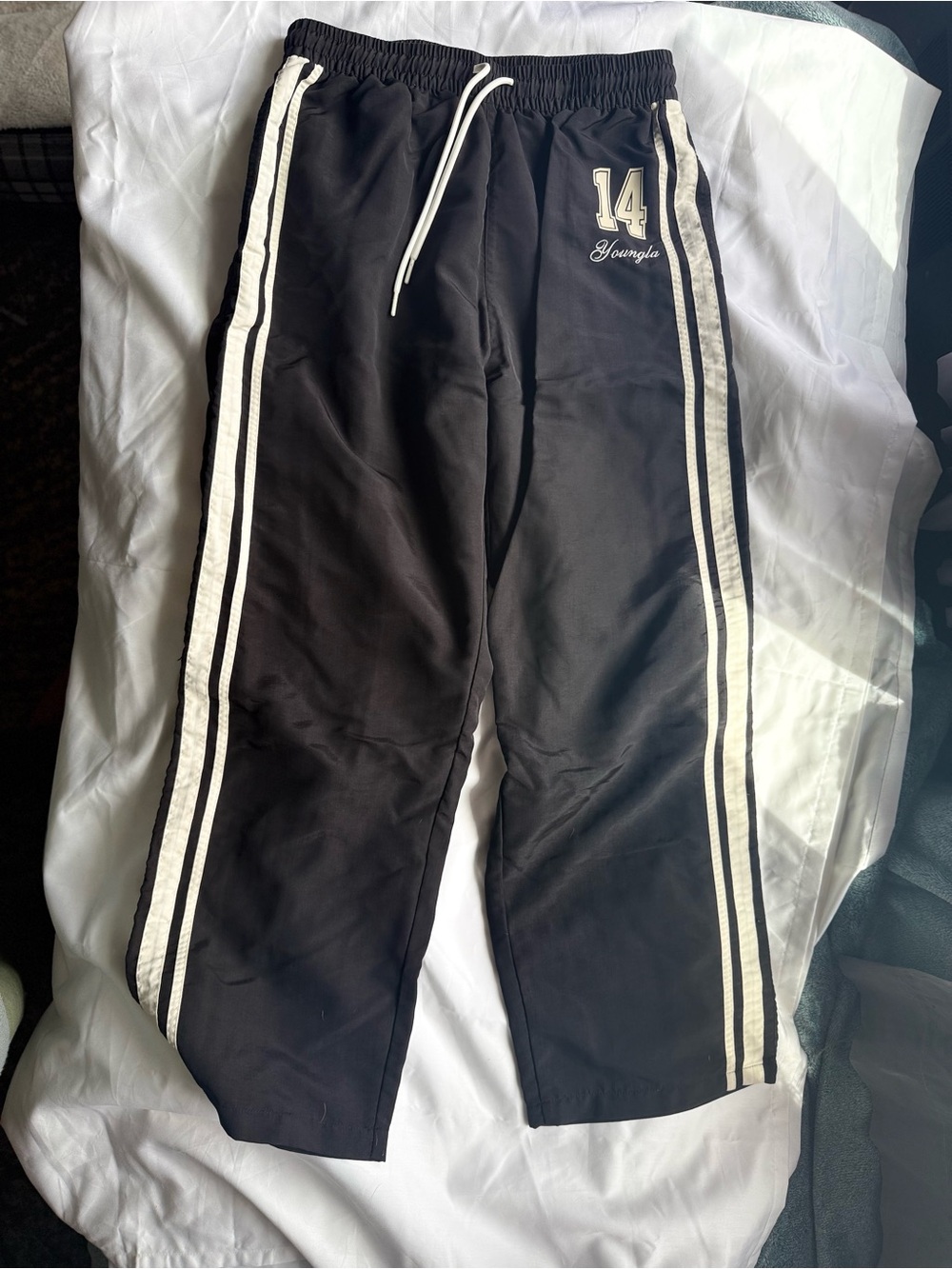 YoungLA Black Track Pants with White Stripes